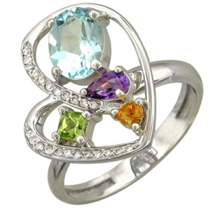 Кольцо с бриллиантами, аметистом, топазом, хризолитом, цитрином из белого золота Эстет