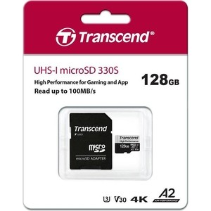 Карта памяти Transcend 128GB High Performance, microSDXC UHS-I U3, V30, A2 [R/W - 100/85 MB/s] с адаптером (TS128GUSD330S)