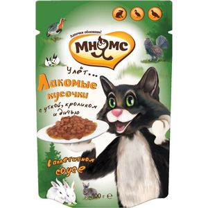 Паучи Мнямс Лакомые кусочки с уткой кроликом и дичью в аппетитном соусе для кошек