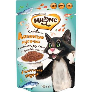 Паучи Мнямс Лакомые кусочки с лососем форелью и креветками в аппетитном соусе для кошек