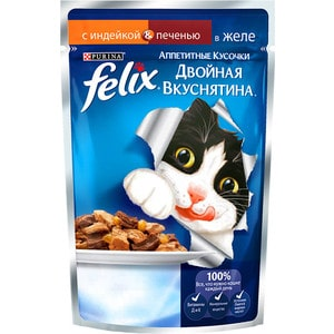 Паучи Felix Двойная вкуснятина аппетитные кусочки в желе с индейкой&печенью для кошек