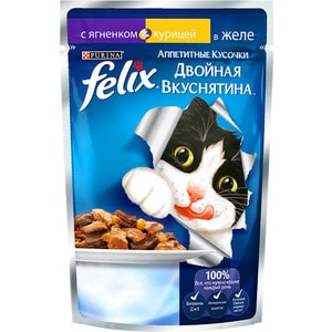 Паучи Felix Двойная вкуснятина аппетитные кусочки в желе с ягненком&курицей для кошек 85г (12294935)