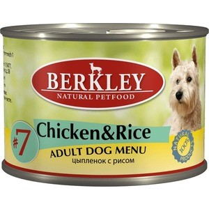 Консервы Berkley Adult Dog Menu Chicken&Rice № 7 с цыпленком и рисом для взрослых собак 200г (75003)