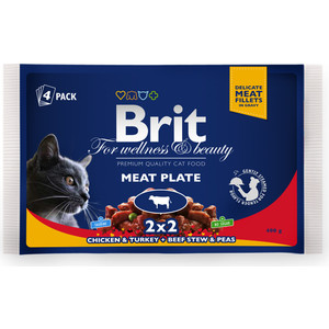 Паучи Brit Premium Cat Meat Plate мясная тарелка говядина с горошком и курица с индейкой для кошек набор