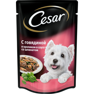 Паучи Cesar аппетитные блюда из говядины и кролика в соусе со шпинатом для собак всех пород 100г (10109431)