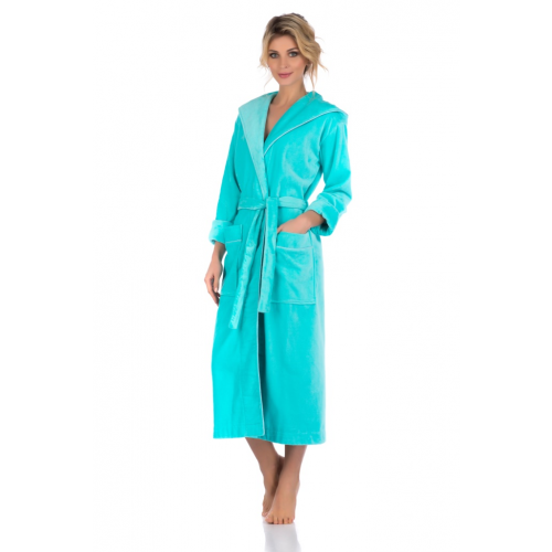 Удлиненный женский халат из мягкой ткани с полноценным двухсторонним капюшоном и удобными карманами по бокам PECHE MONNAIE №728 Ментол