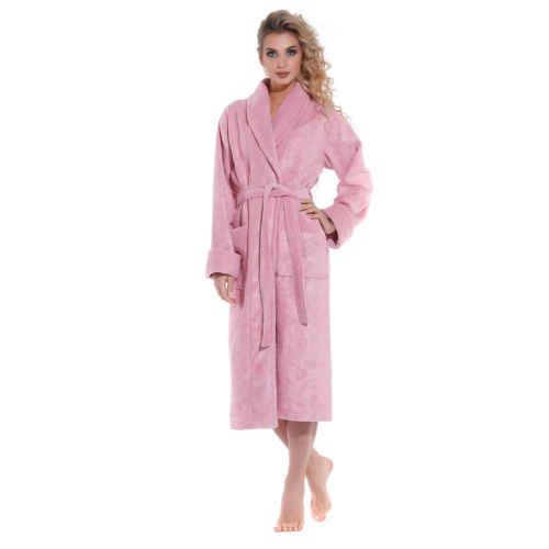 Нежный махровый халат из натуральной ткани розового цвета с поясом и удобными накладными карманами POLENTS EP №8002 Сухая роза