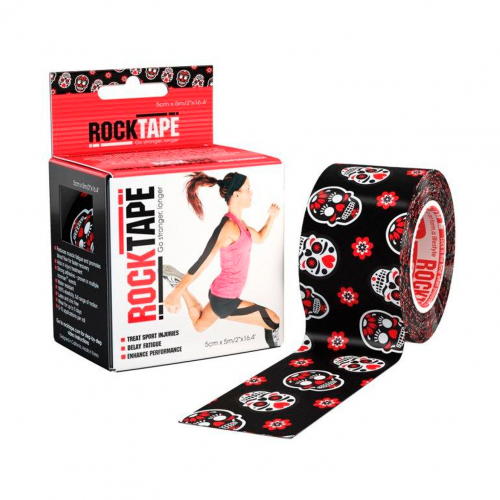 ТЕЙП Rocktape, design, чёрный с черепами и цветами, 5см х 5м