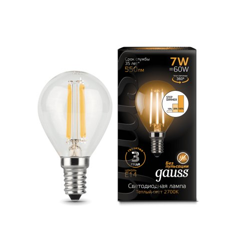 Лампа Gauss LED Filament Шар E14 7W 550lm 2700K step dimmable (105801107)