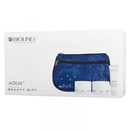 Bioline, Подарочный бьюти-кейс для ухода за кожей лица, шеи и декольте Aqua+, 50/50/30 мл + косметичка