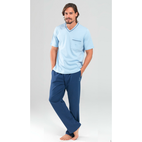 Летний брючный мужской комплект для отдыха из хлопка синего цвета с принтом (футболка, брюки) BlackSpade b7342