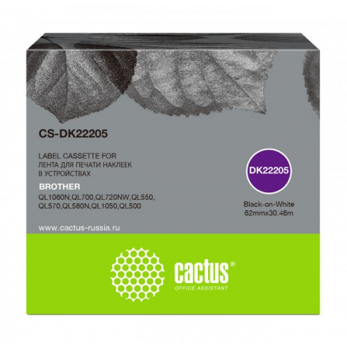 Картридж ленточный CACTUS CS-DK22205 черный Brother P-touch QL-500, QL-550, QL-700, QL-800