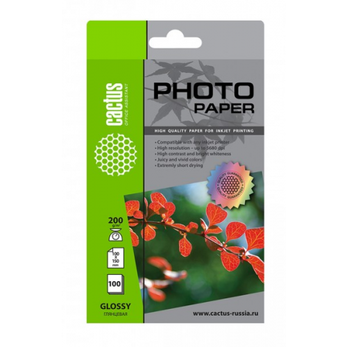 Фотобумага Cactus CS-GA6200100 10x15 200г 100л. белый глянцевое