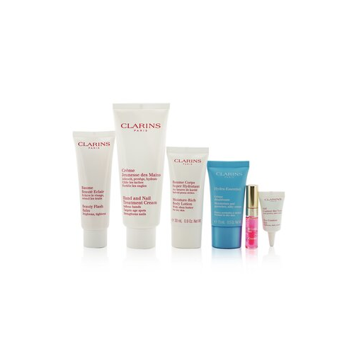 Clarins Weekend Essentials Набор: Средство для Рук и Ногтей + Beauty Flash Бальзам + Лосьон для Тела + Hydra-Essentiel Крем + Гель для Контура Глаз + Масло для Губ... 6pcs+1bag