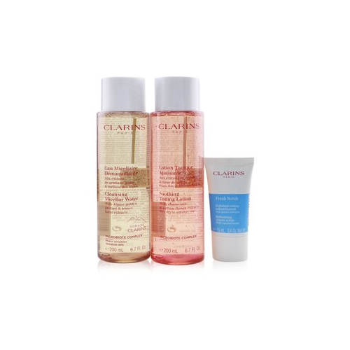 Clarins Perfect Cleansing Набор (для Очень Сухой и Чувствительной Кожи): Мицеллярная Вода 200мл + Лосьон Тоник 200мл + Скраб 15мл + Сумка 3pcs+1bag