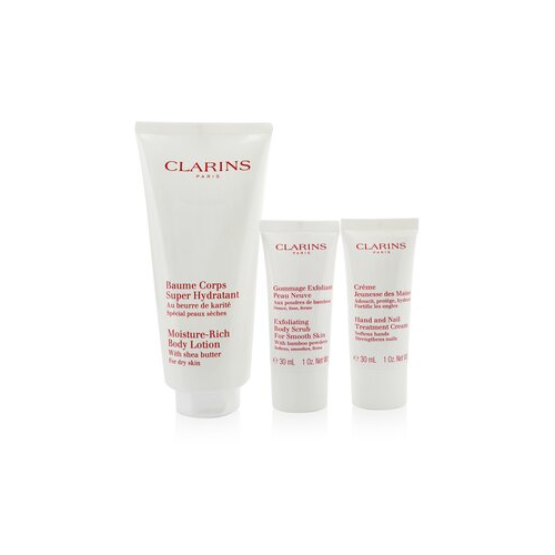 Clarins Body Care Essentials Набор: Увлажняющий Лосьон для Тела 200мл + Скраб для Тела 30мл + Крем для Рук и Ногтей 30мл + Сумка 3pcs+1bag