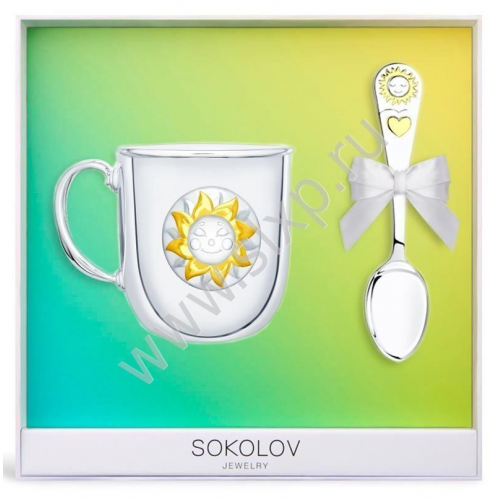 Серебряный набор кружка с ложкой Солнце SOKOLOV Jewelry 0027С