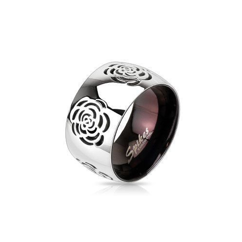 Кольцо женское широкое с черным рисунком розы по окружности KL-000597
