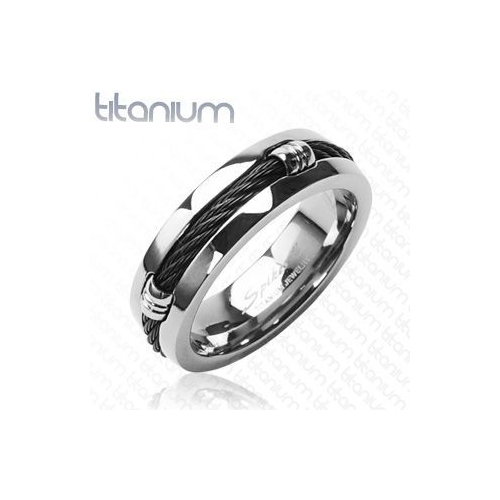 Кольцо из титана с черным тросом и заклёпками KL-001203