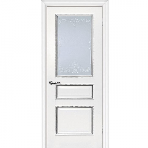 Дверь межкомнатная Мариам Мурано-2 экошпон белое багет с тиснением патина серебро стекло сатинат серебро 2000х900 мм