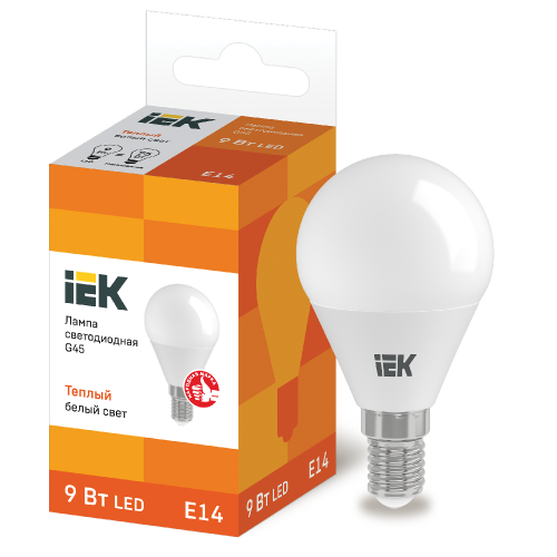 Лампа IEK LED G45 шар 9Вт 230В 3000К E14