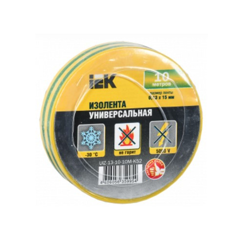 Изолента ПВХ IEK UIZ-13-10-10M-K52 0,13х15мм 10м желто-зеленая