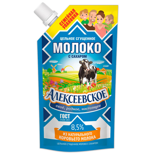 Молоко цельное сгущенное с сахаром Алексеевское, 650г дойпак