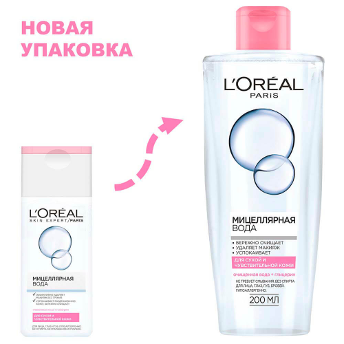 L'Oreal Paris Мицеллярная вода для снятия макияжа, для сухой и чувствительной кожи, гипоаллергенно, Лореаль