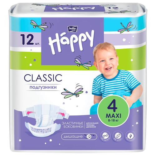 Подгузники Bella Baby Happy классик 12шт макси 8-18кг 4