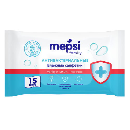 Салфетки влажные Mepsi 15шт антибактериальные очищающие