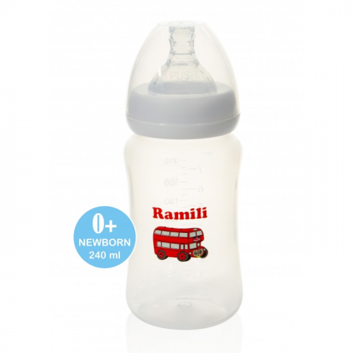 Бутылочка Ramili противоколиковая для кормления Baby слабый поток 0+ 240 мл