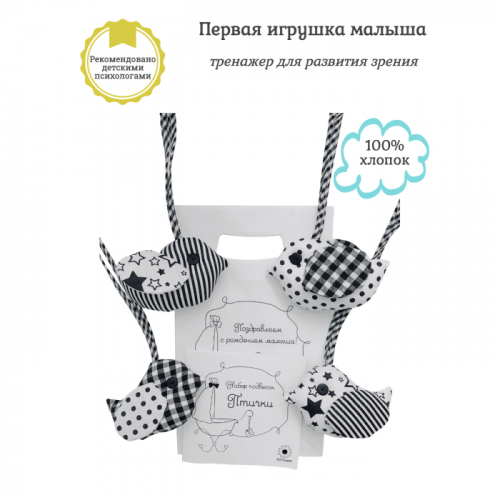 Подвесная игрушка Потешка Развивающая для новорожденных с черно-белыми картинками Птички Большой набор