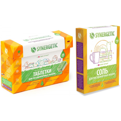 Synergetic Набор Таблетки для посудомоечных машин 25 шт + Соль 750 г