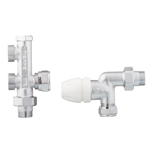 Узел регулирующий угловой Tiemme (3375KIT) 1/2 НР(ш) х М24 НР(ш) для радиатора с боковым подключением для однотрубных систем