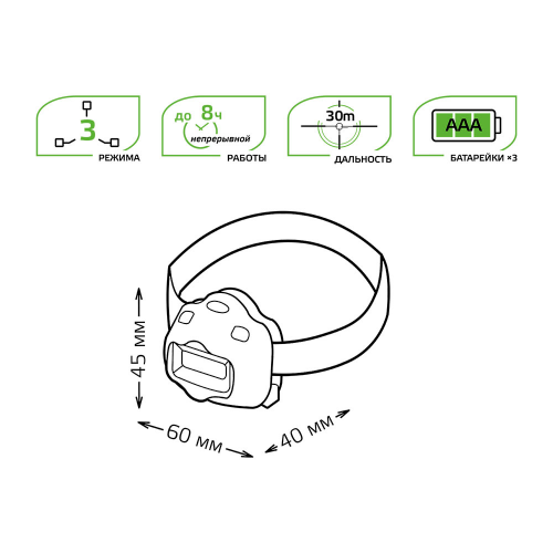 Фонарь налобный Gauss (GF308) светодиодный 3 Вт на батарейках AAA пластик