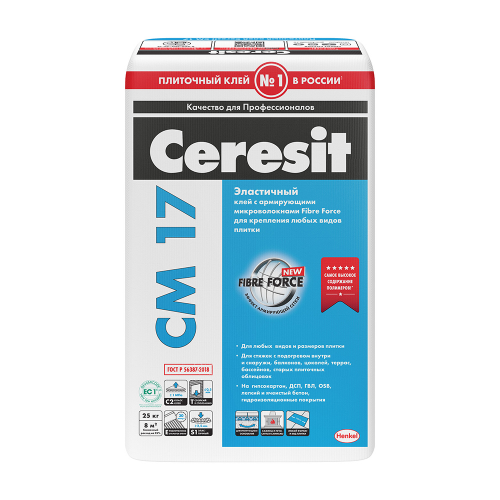 Клей для плитки и керамогранита Ceresit CM 17 FibreForce эластичный серый (класс С2) 25 кг