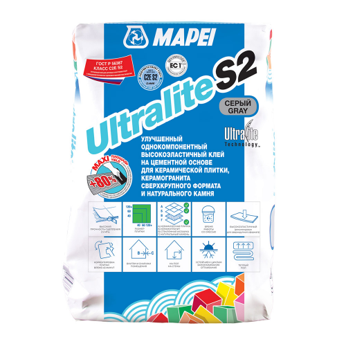 Клей для плитки, керамогранита сверхкрупного формата Mapei Ultralite S2 серый (класс C2ES2) 15 кг