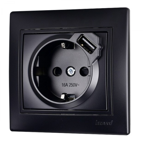 Розетка USB с рамкой Lezard MIRA 701-4242-181 скрытая установка черный бархат с заземлением один модуль USB