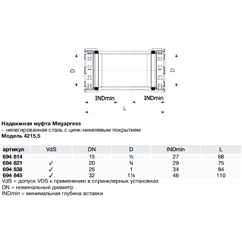 Муфта Viega Megapress SC-Contur (694821) 3/4" DN20 пресс надвижная нелегированная оцинкованная сталь