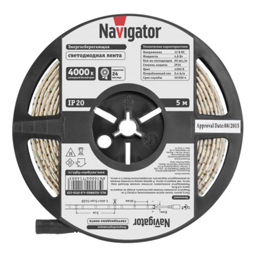 Лента светодиодная SMD 3528 Navigator 4000К естественный белый свет 4,8 Вт 12 В IP20 5 м