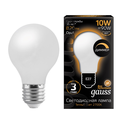 Лампа светодиодная Gauss 10 Вт E27 филаментная груша А60 2700К теплый белый свет 150-265 В матовая диммируемая