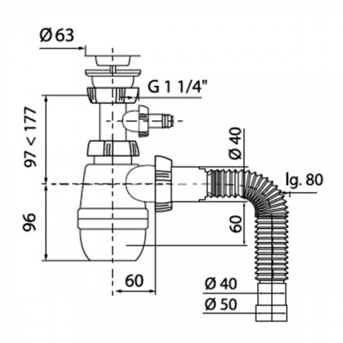Сифон для раковины WIRQUIN 30718052 1 1/4"х40 мм с выпуском D 63 мм отводом для ст.м и гибким со