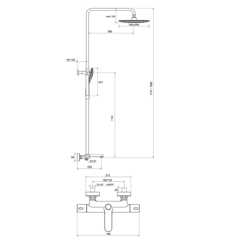 Душевая система Ravak TE 092.00/150 Termo 300 X070098 с верхним душем d250 мм F1 и лейкой d120 мм F3 с термостатом