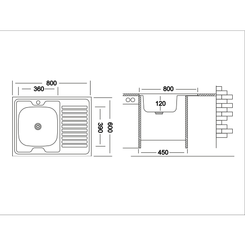 Мойка для кухни UKINOX Nord 800х600х130 мм накладная прямоугольная с крылом правая сталь