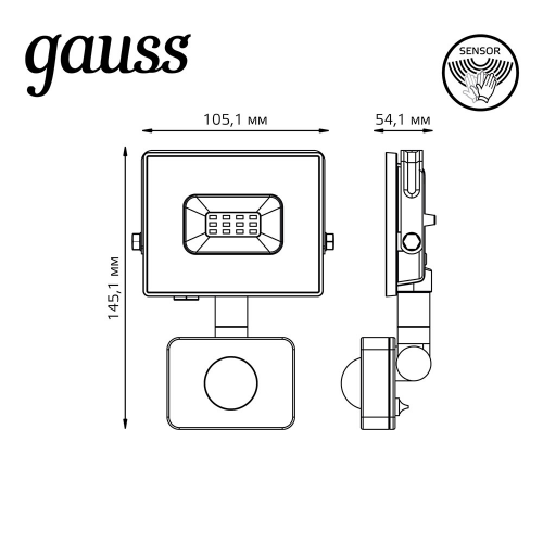 Прожектор светодиодный Gauss Elementary-S 10 Вт 175-265 В IP65 6500К холодный белый свет с датчиком движения черный