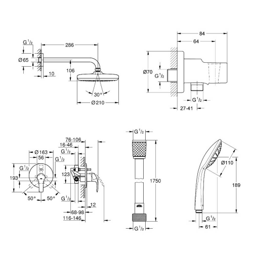 Душевая система GROHE Eurosmart с верхним душем D180 мм F1 ручной лейкой D100 мм F1 держателем и смесителем без стойки