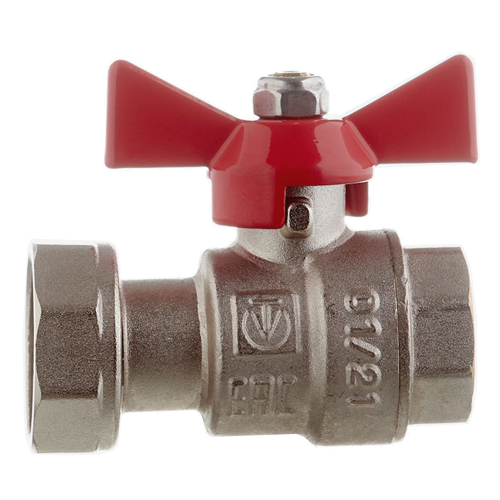 Кран шаровой латунный VALTEC (VT.241.N.0405) 1/2 ВР(г) x3/4 ВР(г) проходной бабочка с накидной гайкой прямой