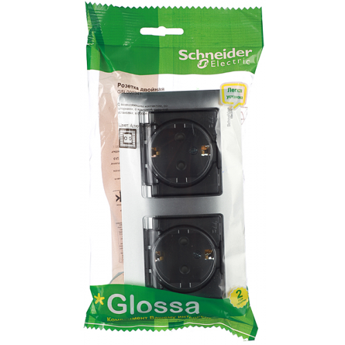Розетка с рамкой Schneider Electric Glossa GSL000347 двойная скрытая установка алюминий с заземлением IP44 со шторками