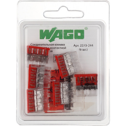 Клемма на 4 провода Wago 2273-244 0,5-2,5 кв. мм самозажимная с пастой (6 шт.)