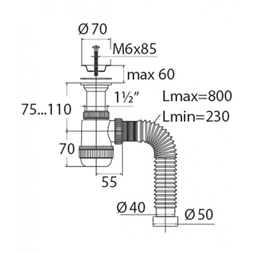 Сифон для мойки VIRPLAST by WIRQUIN 30980676 1 1/2"х40 с литым выпуском D 70 мм и гибким соединением